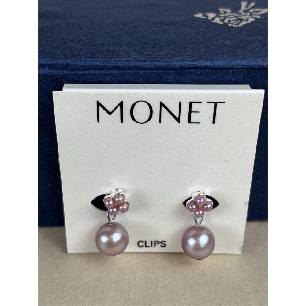 Vintage Monet Mauve Purple Faux Pearl Dangle Drop Earrings W/ Card‎